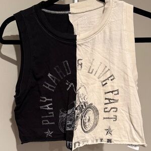 Hollister Black and Cream Moto Graphic Tank Top Cropped